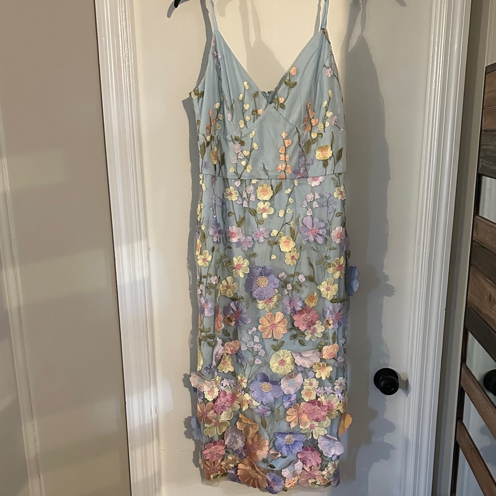 bebe Light Blue Embroidered Floral Dress